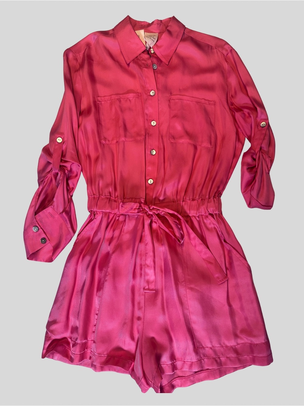 cinq a sept Fuchsia Satin Shirt Romper